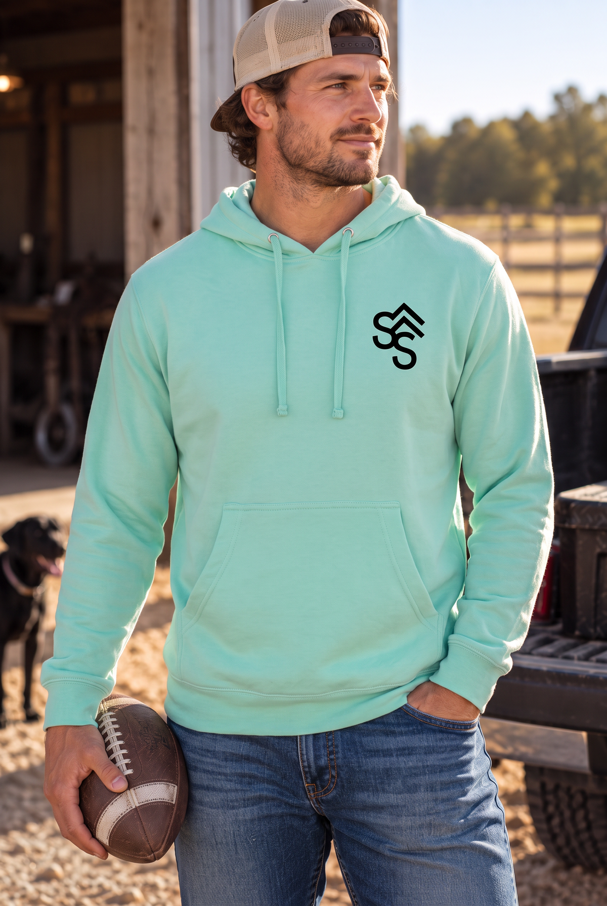 The Brand Hoodie in Mint — male model, front view