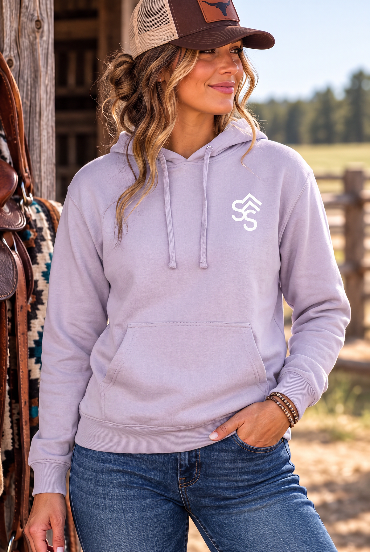 The Brand Hoodie in Plum — female model, front view