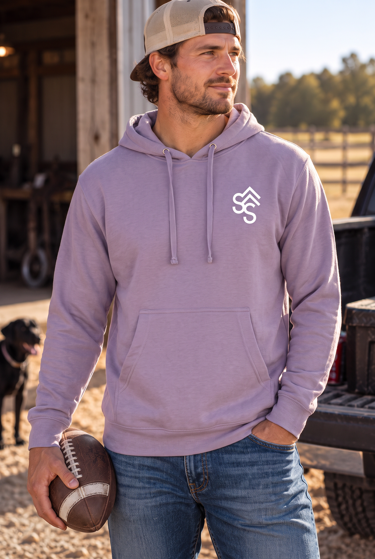 The Brand Hoodie in Plum — male model, front view
