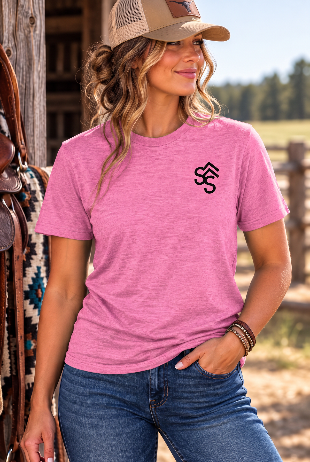 The Brand Tee in Awareness Pink Heather — female model, front view