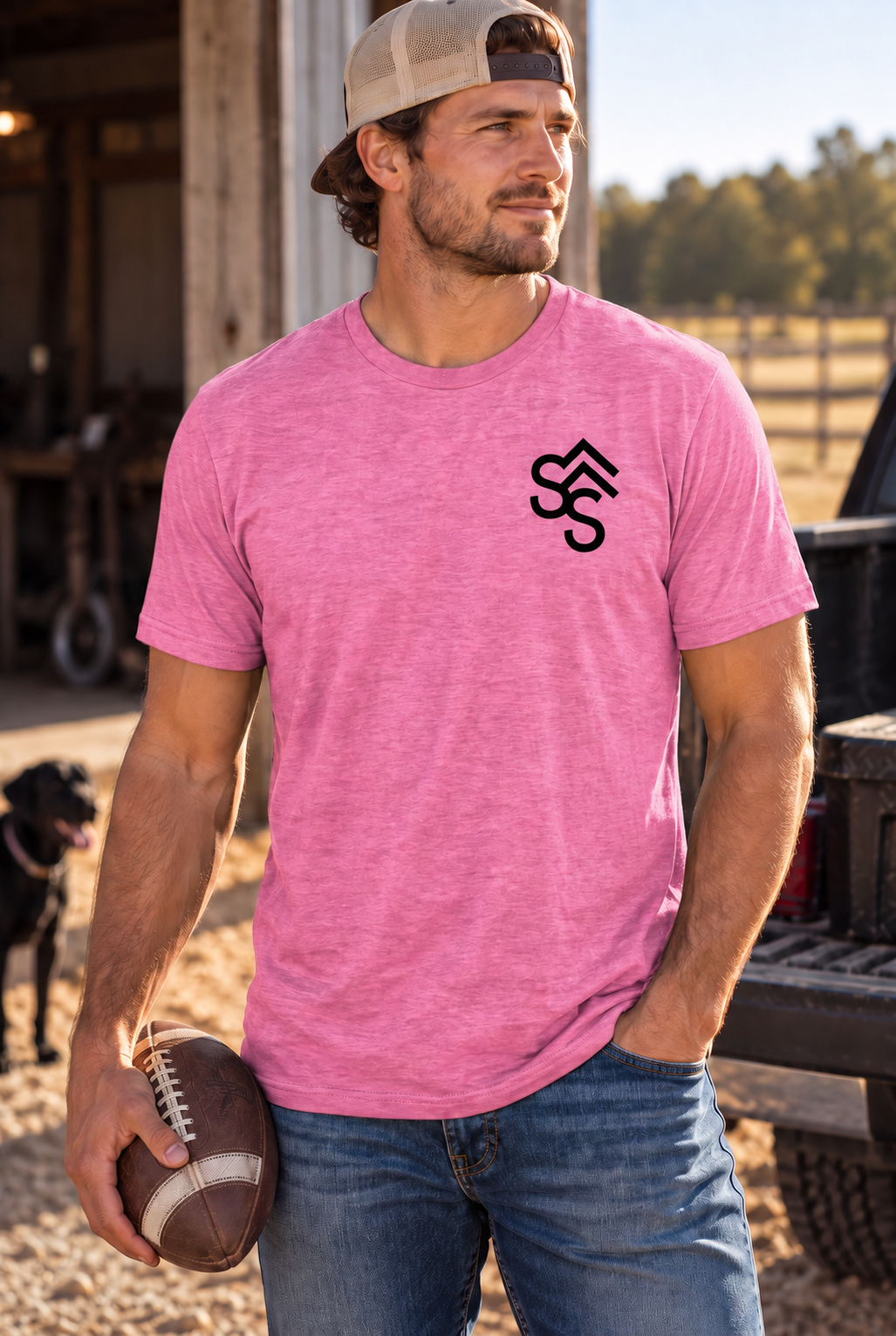 The Brand Tee in Awareness Pink Heather — male model, front view