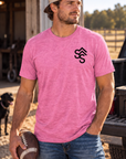 The Brand Tee in Awareness Pink Heather — male model, front view