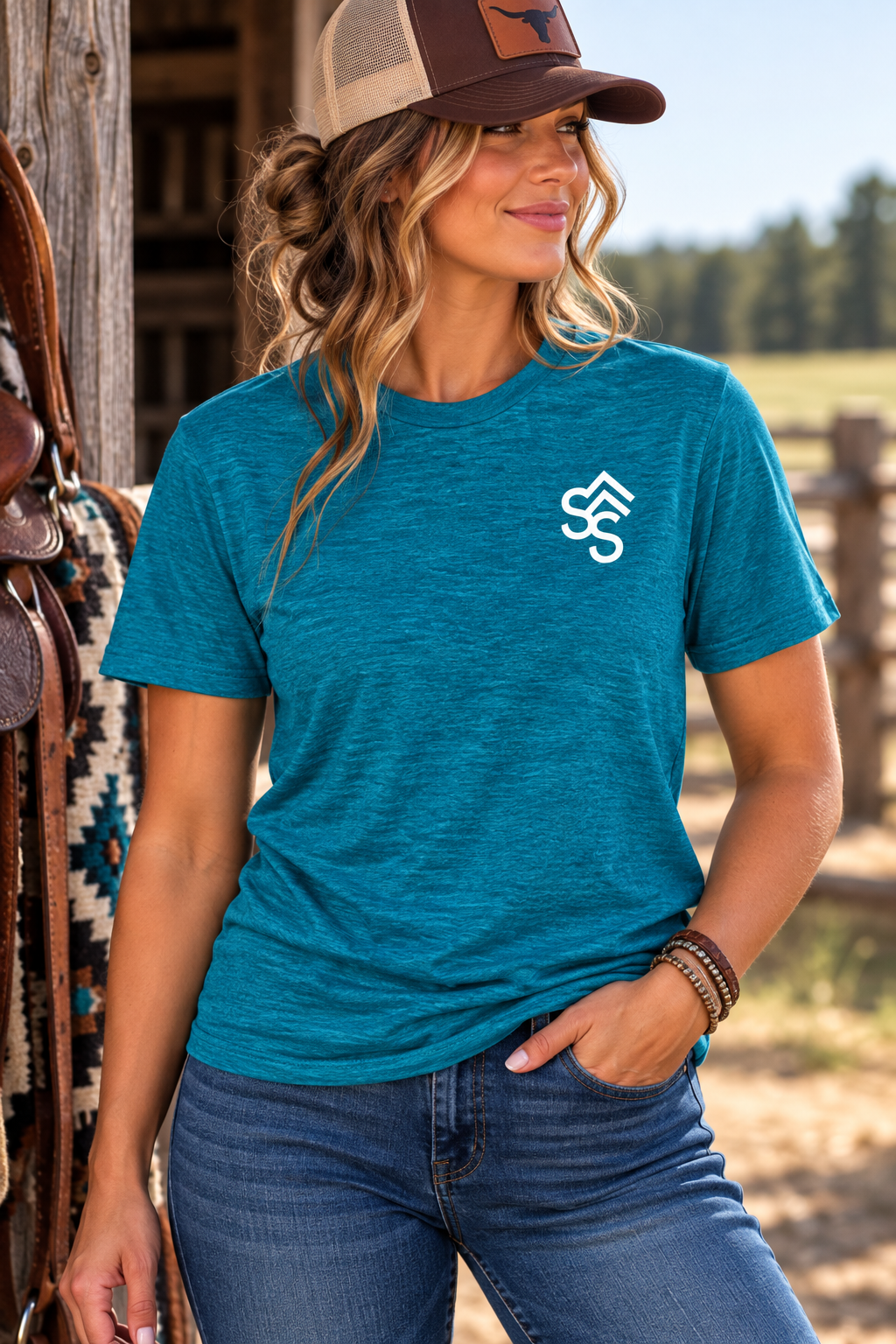 The Brand Tee in Deep Turquoise Fleck — female model, front view