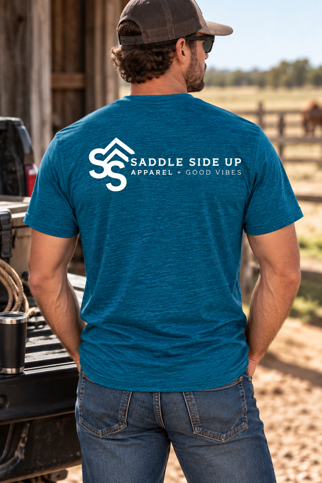 The Brand Tee in Deep Turquoise Fleck — male model, back view