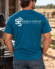 The Brand Tee in Deep Turquoise Fleck — male model, back view