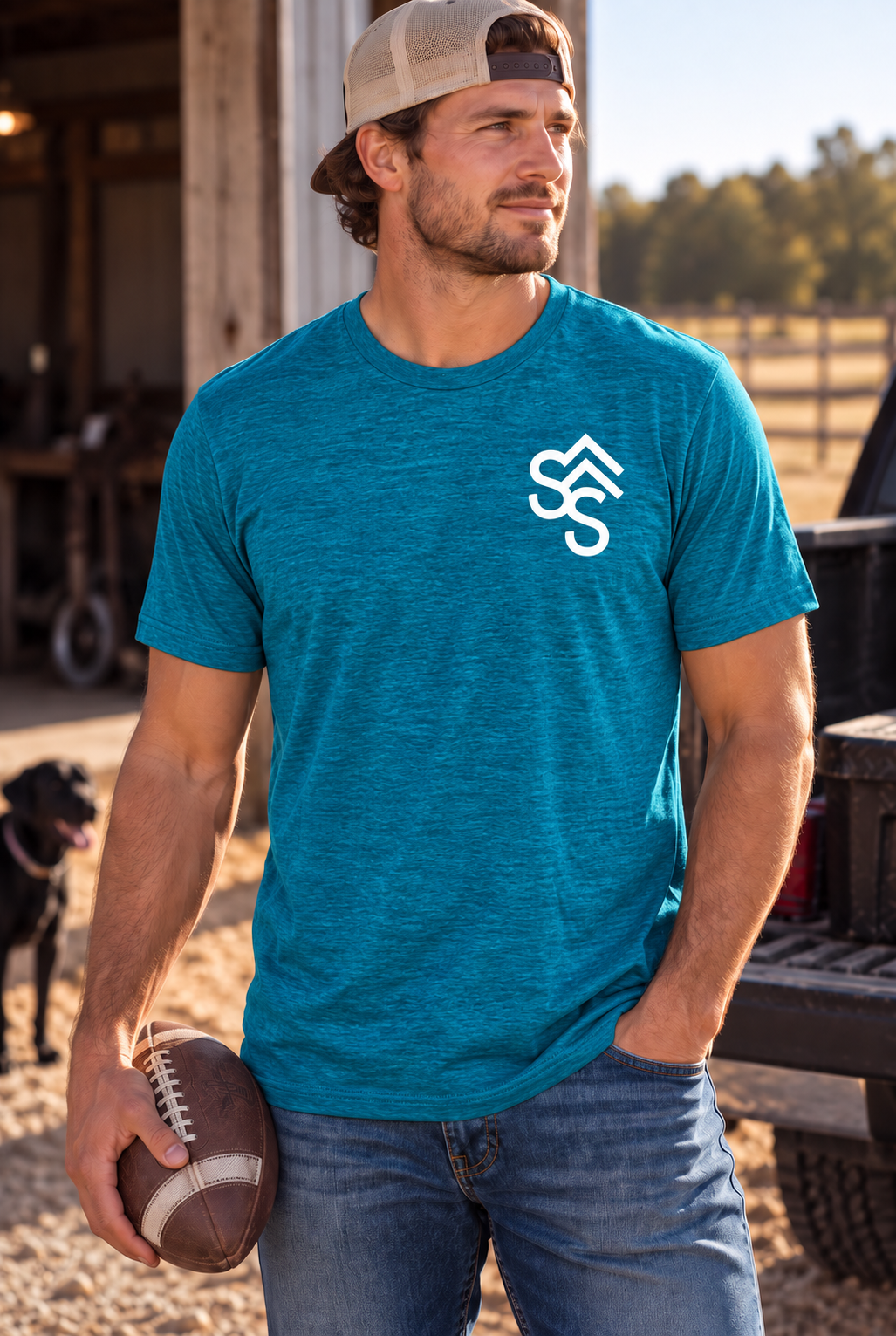 The Brand Tee in Deep Turquoise Fleck — male model, front view