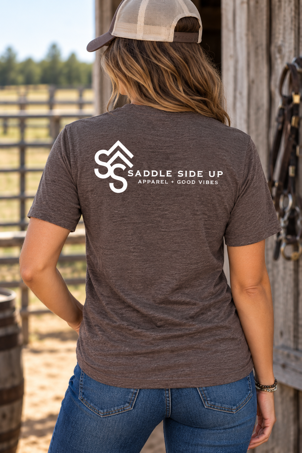 The Brand Tee in Heathered Brown — female model, back view