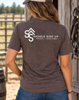 The Brand Tee in Heathered Brown — female model, back view