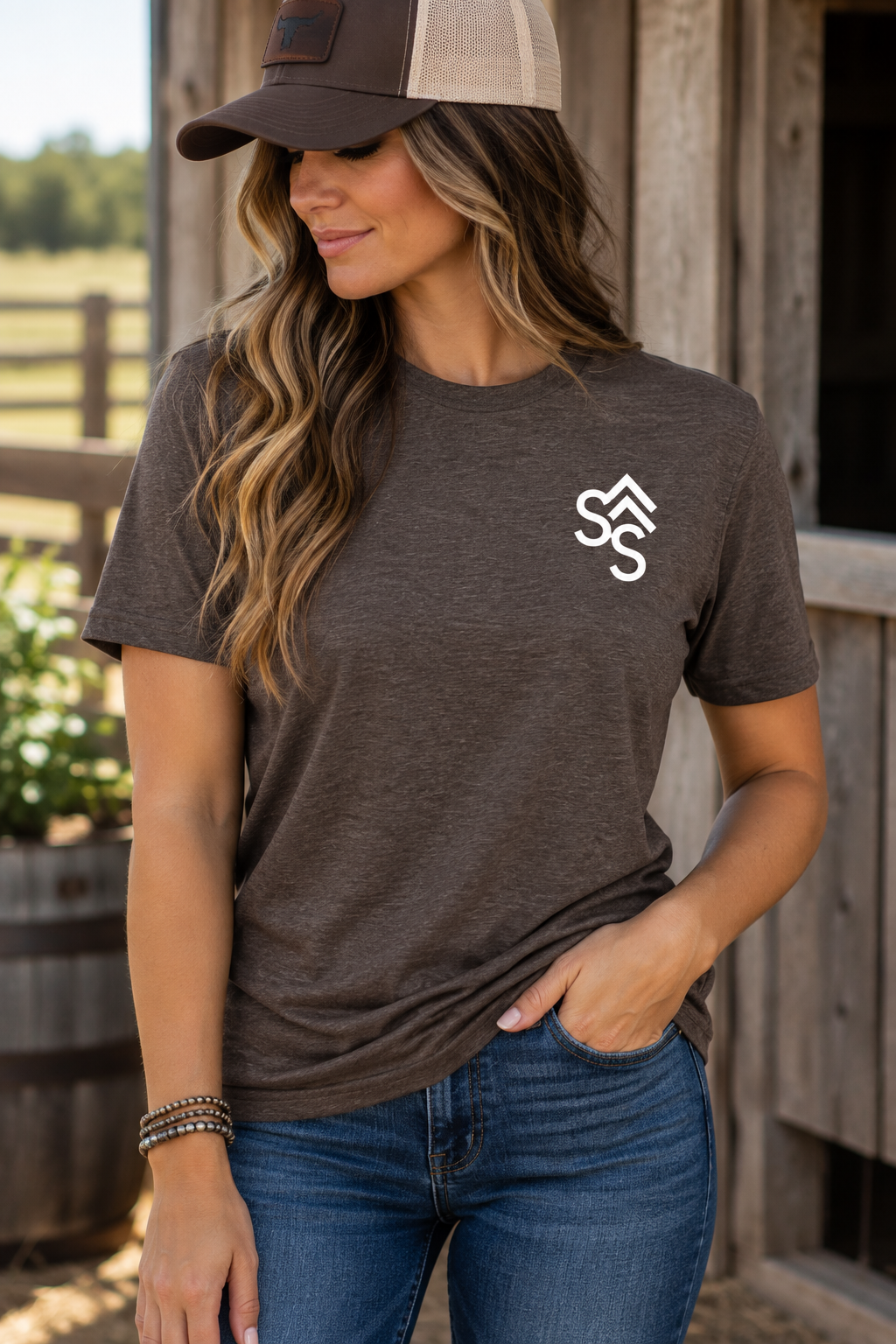 The Brand Tee in Heathered Brown — female model, front view
