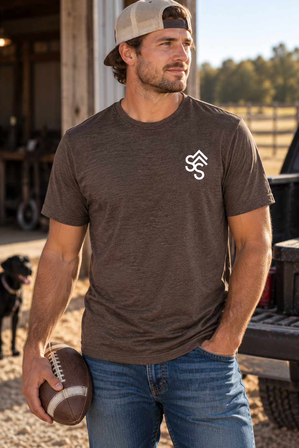 The Brand Tee in Heathered Brown — male model, front view