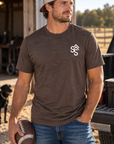 The Brand Tee in Heathered Brown — male model, front view