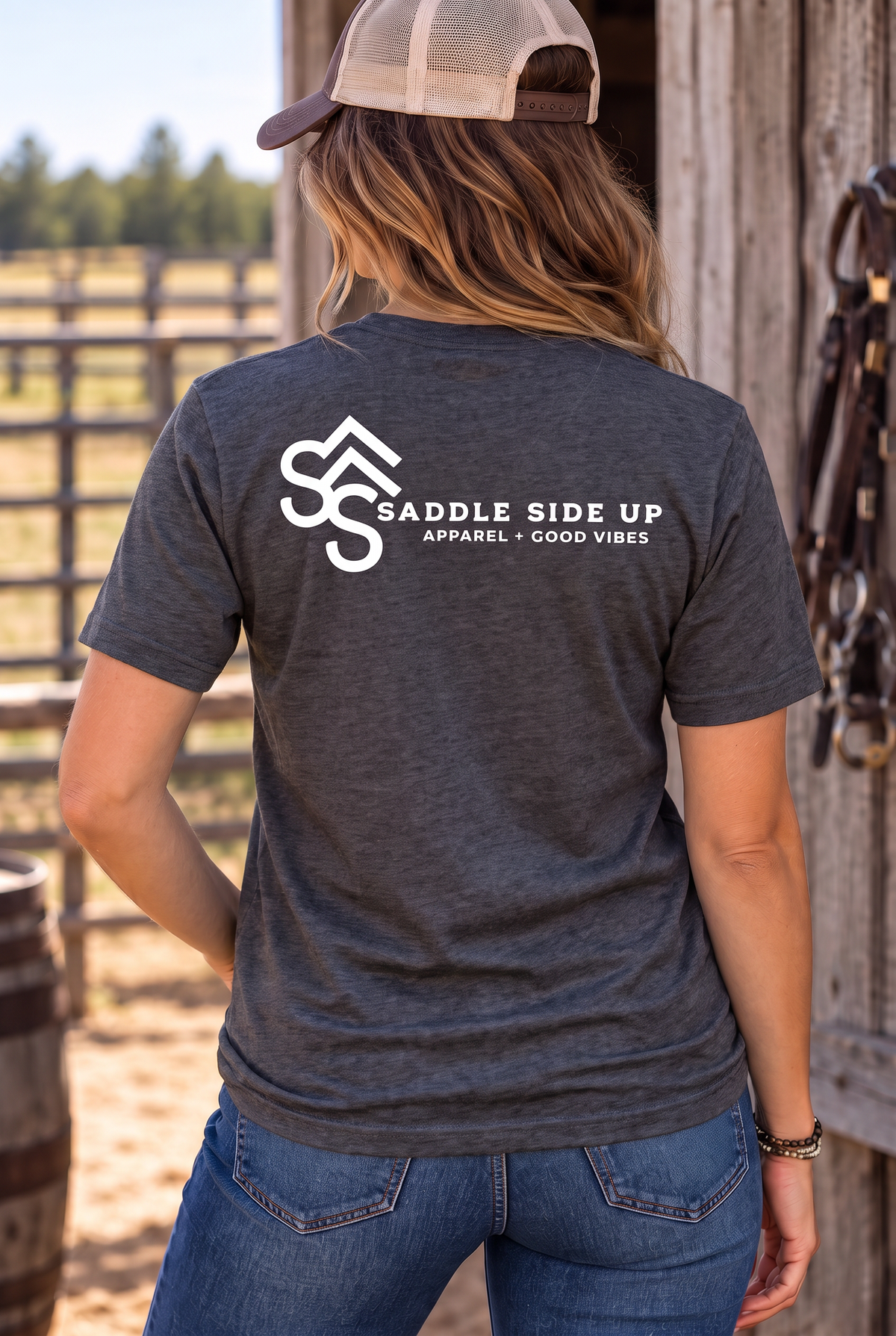 The Brand Tee in Heathered Charcoal — female model, back view