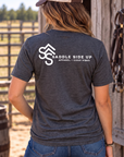 The Brand Tee in Heathered Charcoal — female model, back view