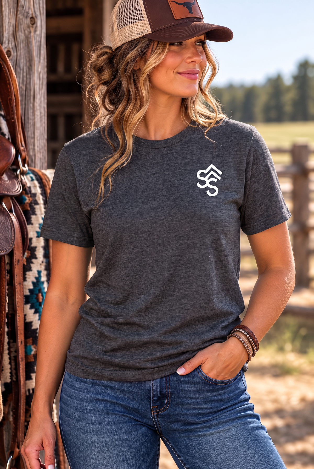 The Brand Tee in Heathered Charcoal — female model, front view
