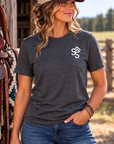 The Brand Tee in Heathered Charcoal — female model, front view