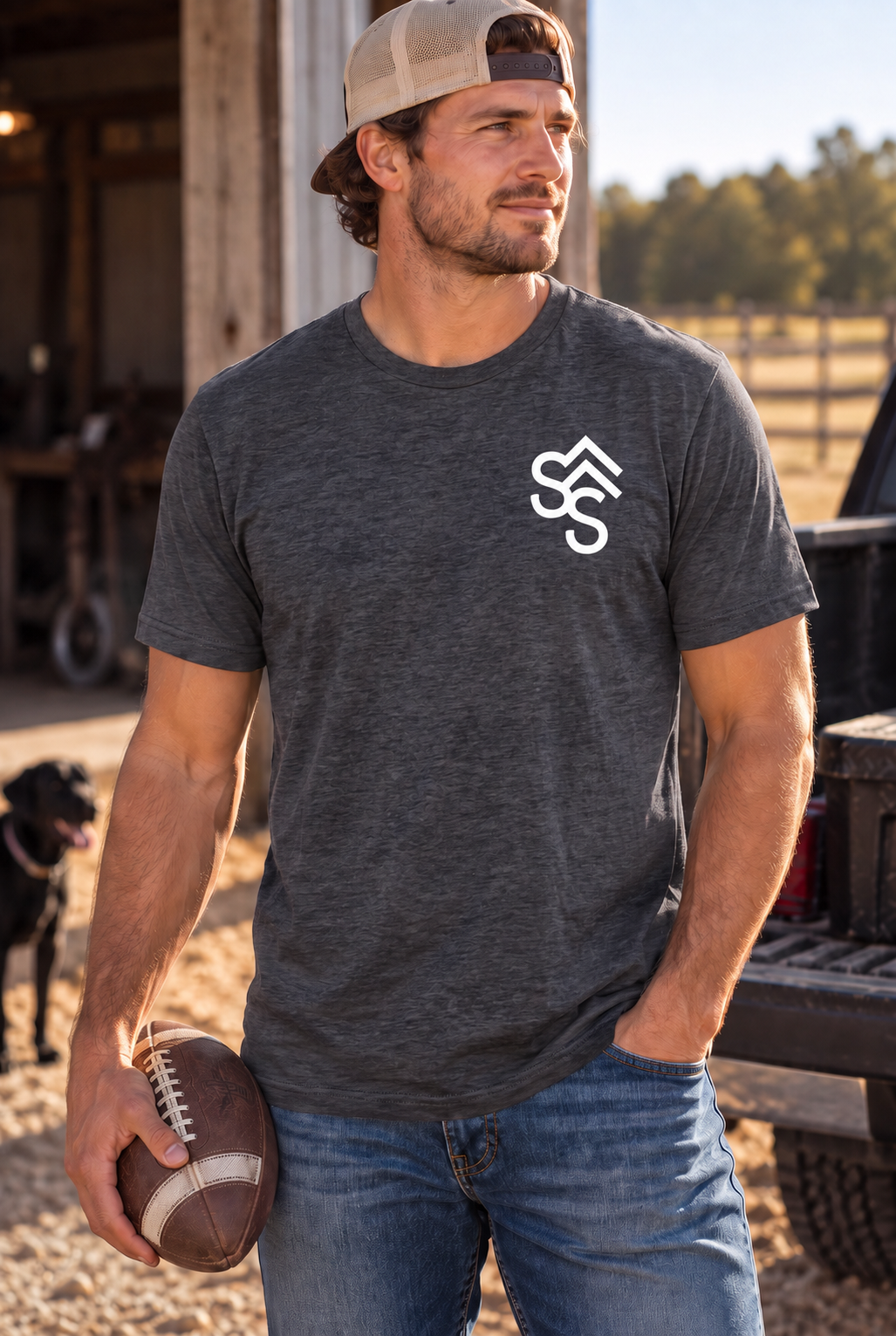 The Brand Tee in Heathered Charcoal — male model, front view