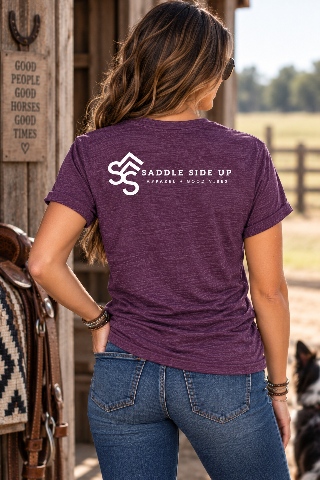 The Brand Tee in Heathered Eggplant — female model, back view