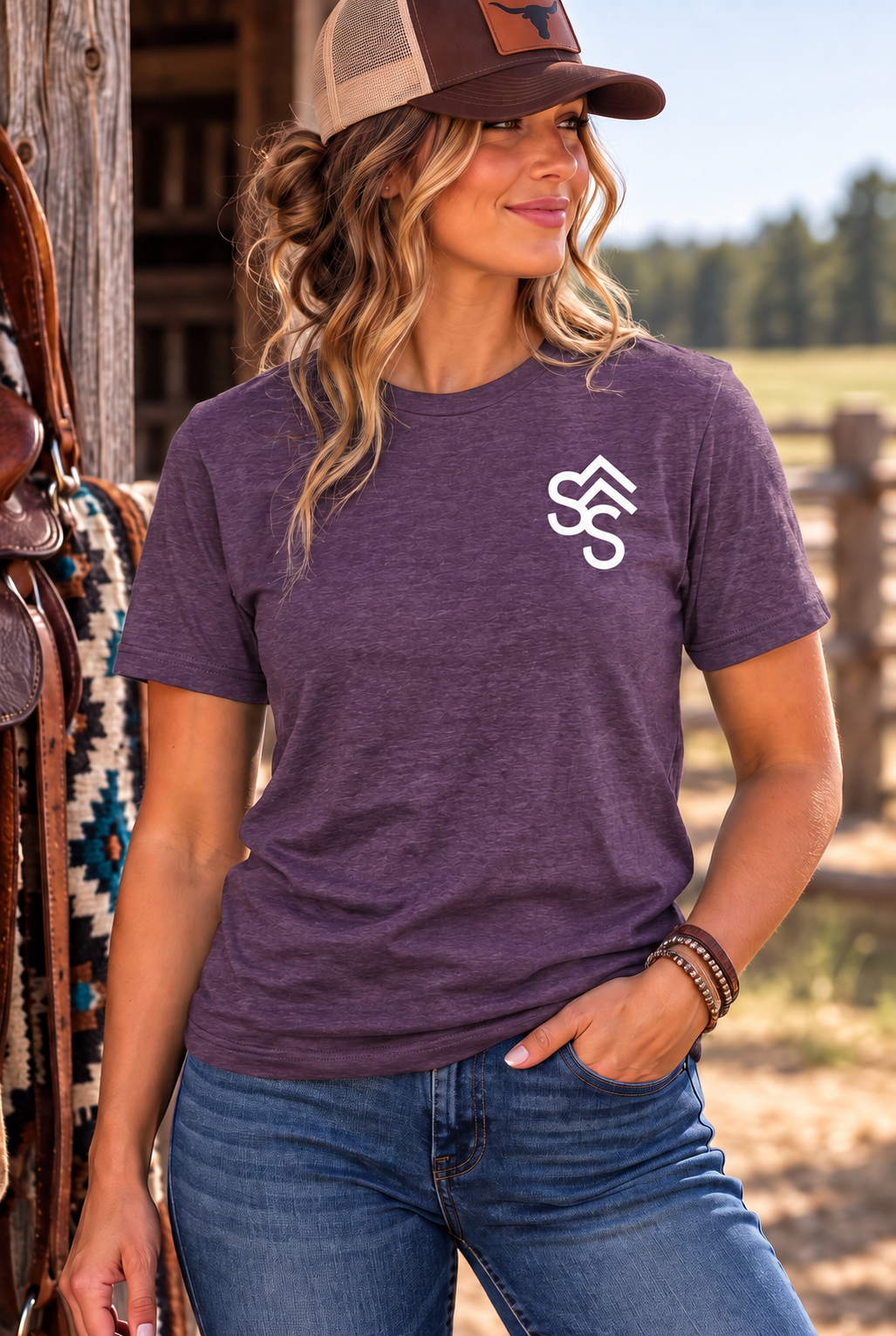 The Brand Tee in Heathered Eggplant — female model, front view