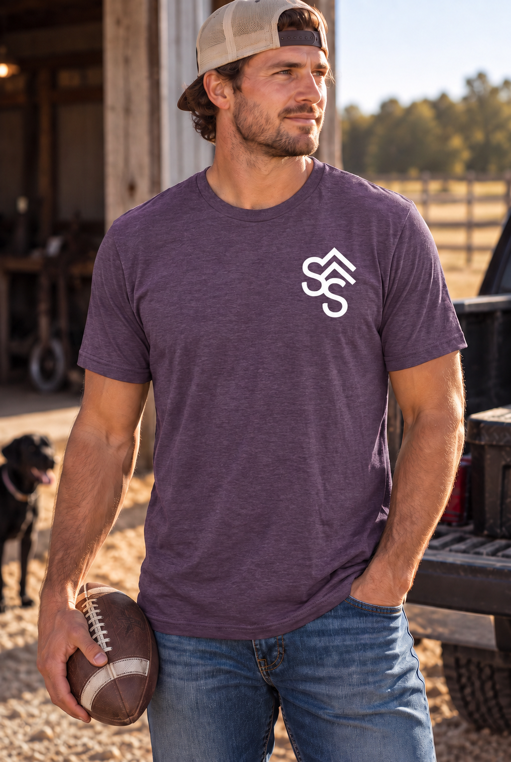 The Brand Tee in Heathered Eggplant — male model, front view