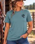 The Brand Tee in Heathered Eucalyptus Blue — female model, front view