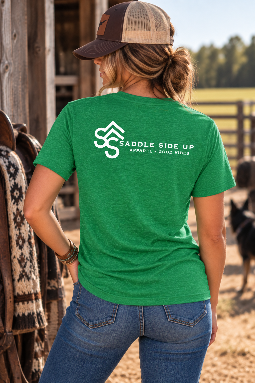 The Brand Tee in Heathered Kelly Green — female model, back view