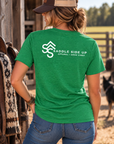 The Brand Tee in Heathered Kelly Green — female model, back view
