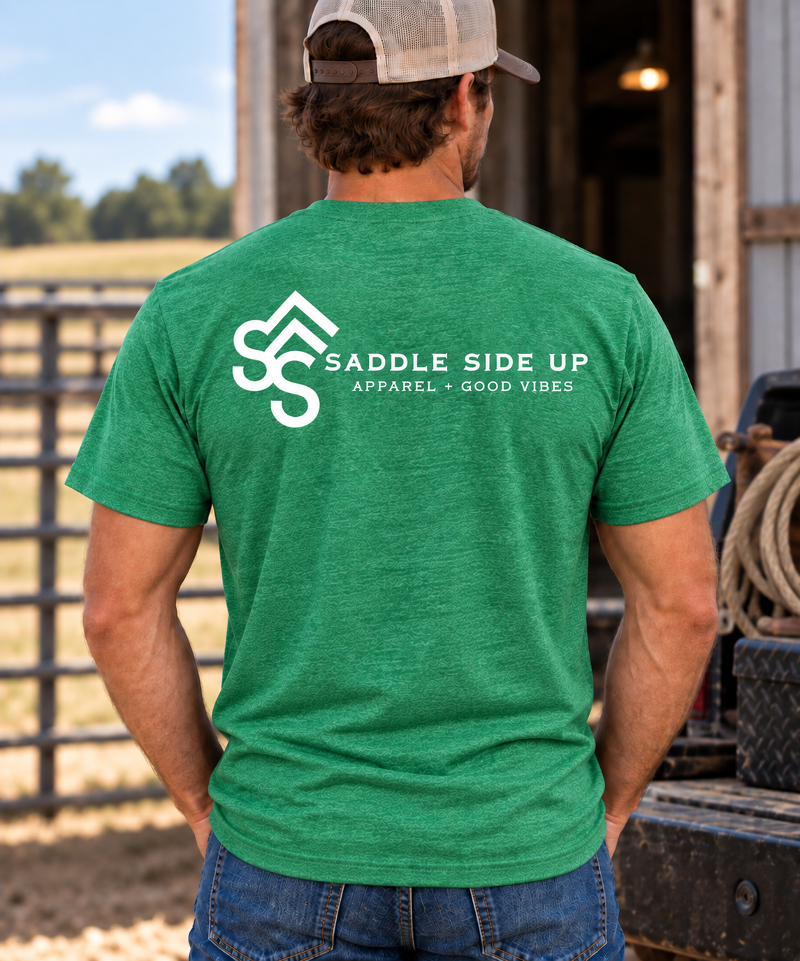 The Brand Tee in Heathered Kelly Green — male model, back view
