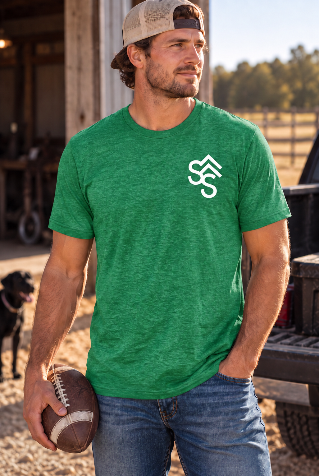 The Brand Tee in Heathered Kelly Green — male model, front view