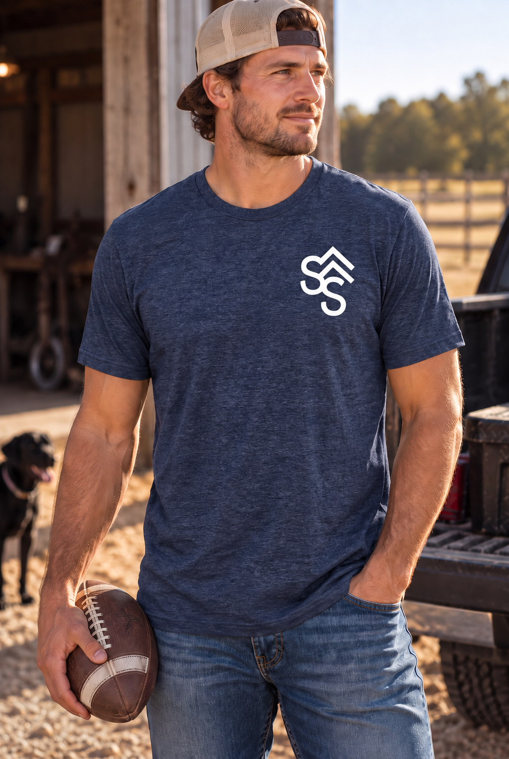 The Brand Tee in Heathered Navy — male model, front view