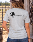 The Brand Tee in Light Heather Grey — female model, back view