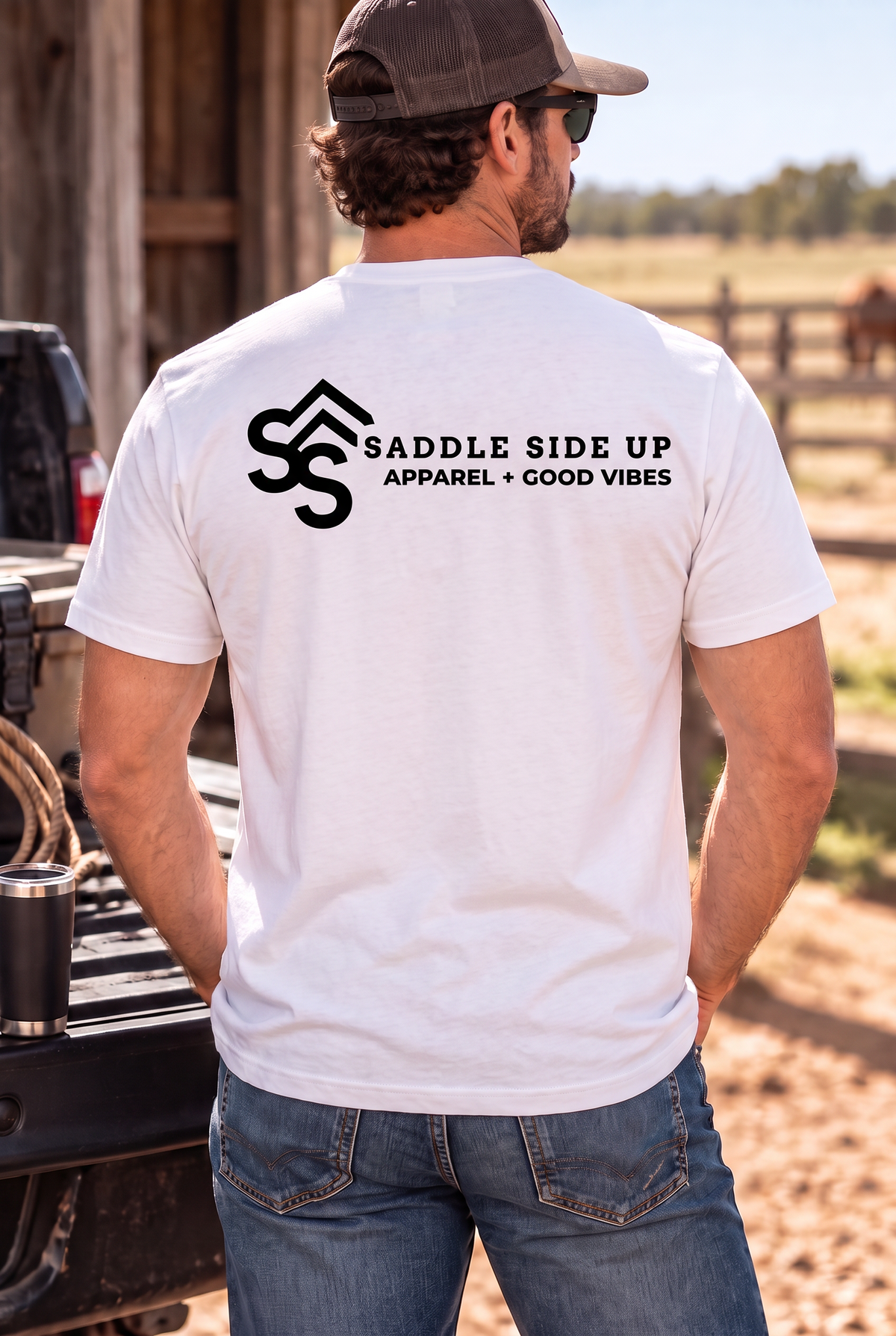 The Brand Tee in White — male model, back view