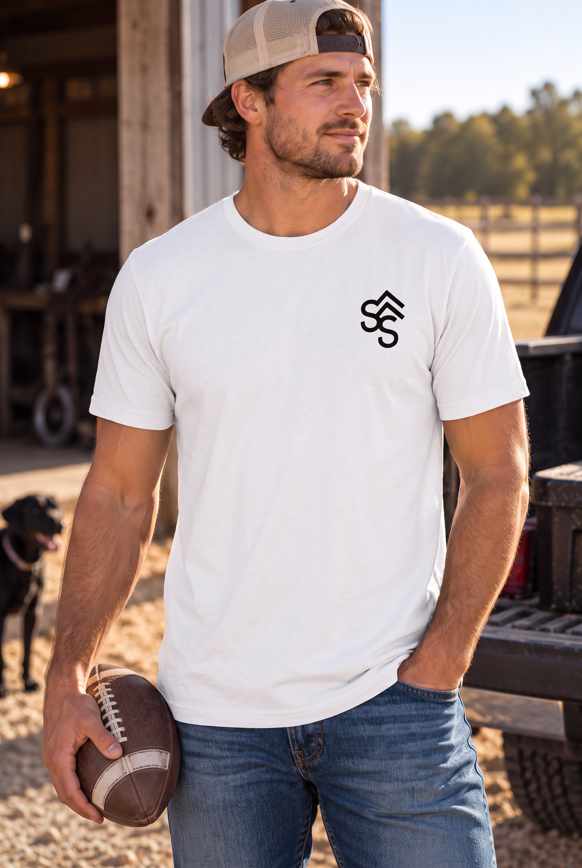 The Brand Tee in White — male model, front view