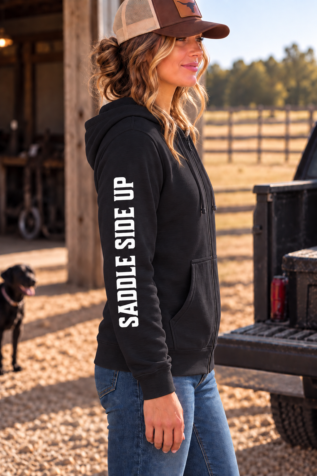 The Branded Zip in Black — female model, side view showing SADDLE SIDE UP sleeve print
