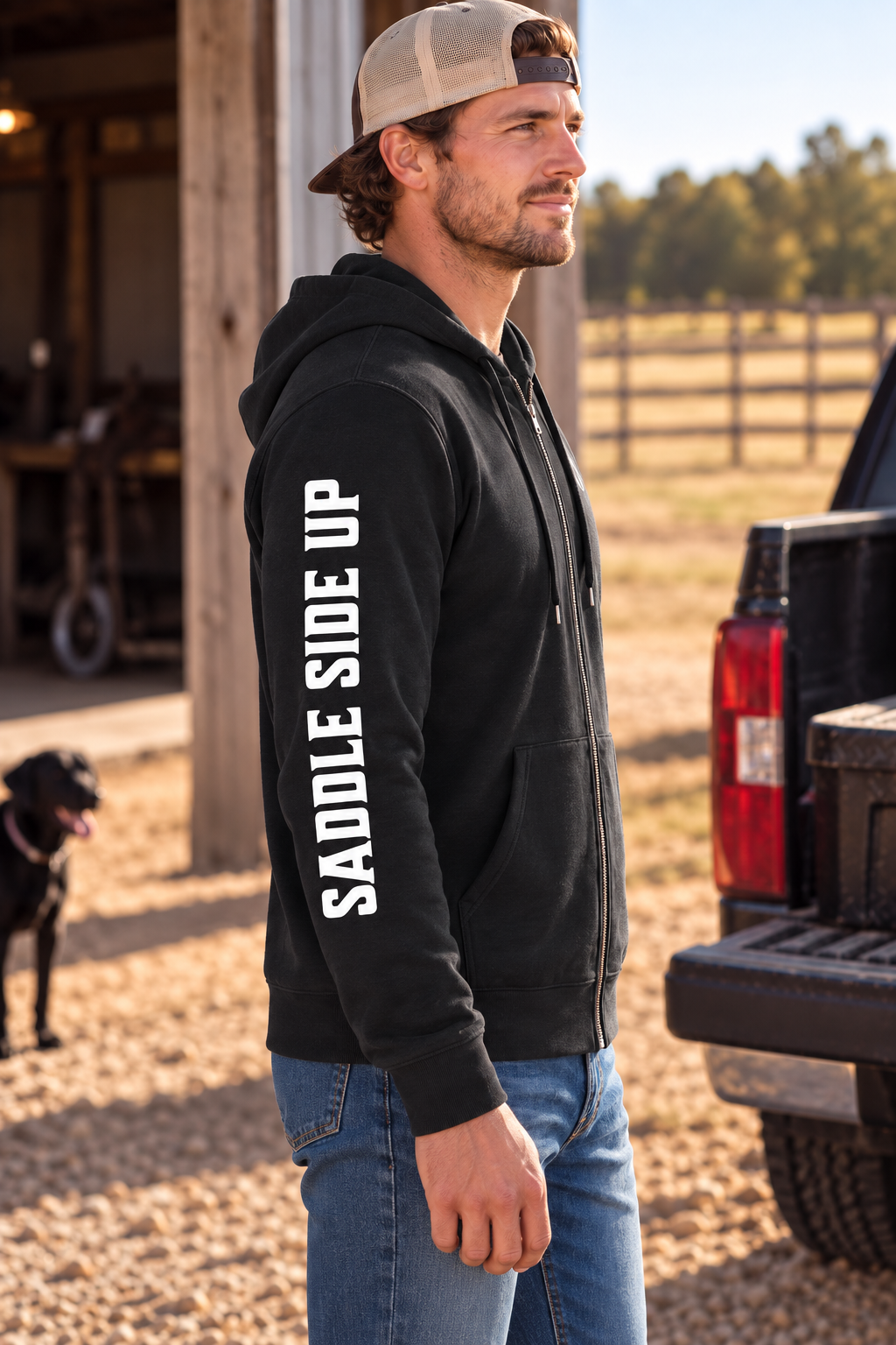 The Branded Zip in Black — male model, side view