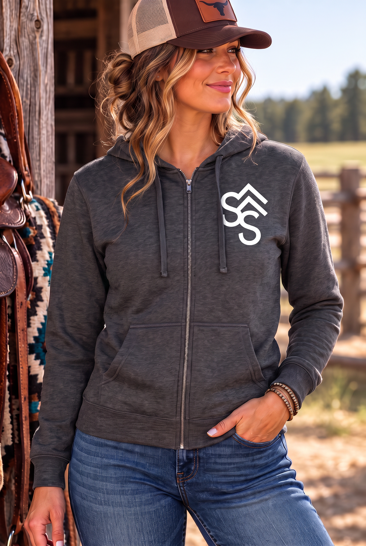 The Branded Zip in Heathered Charcoal — female model, front view