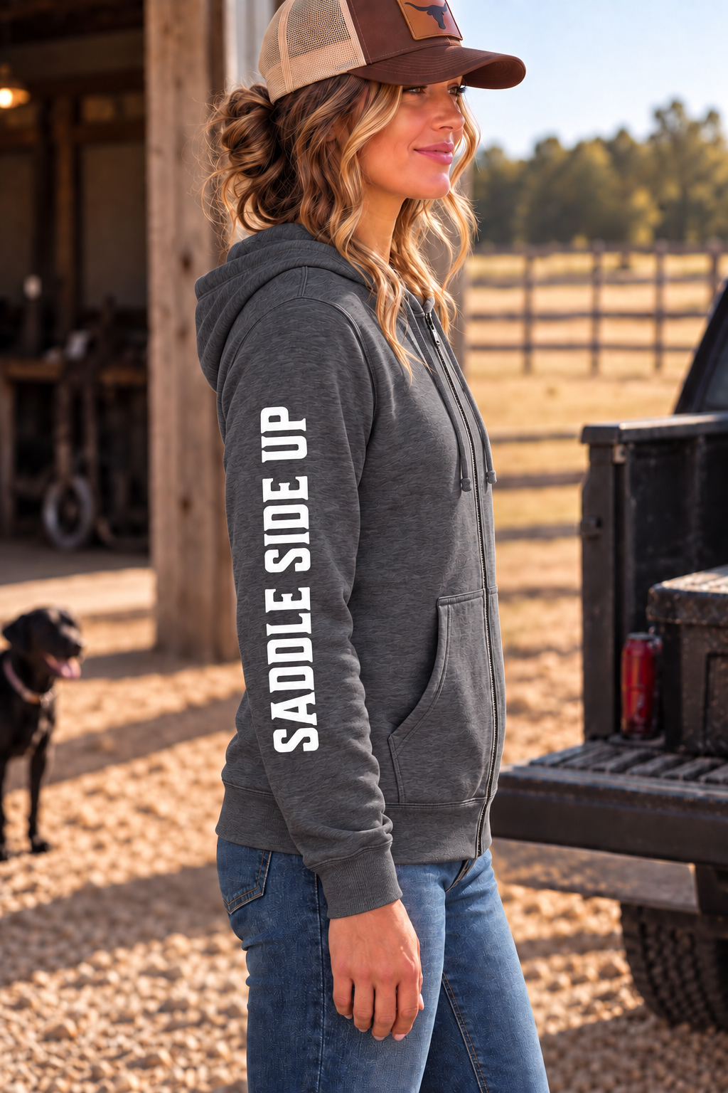 The Branded Zip in Heathered Charcoal — female model, side view showing SADDLE SIDE UP sleeve print