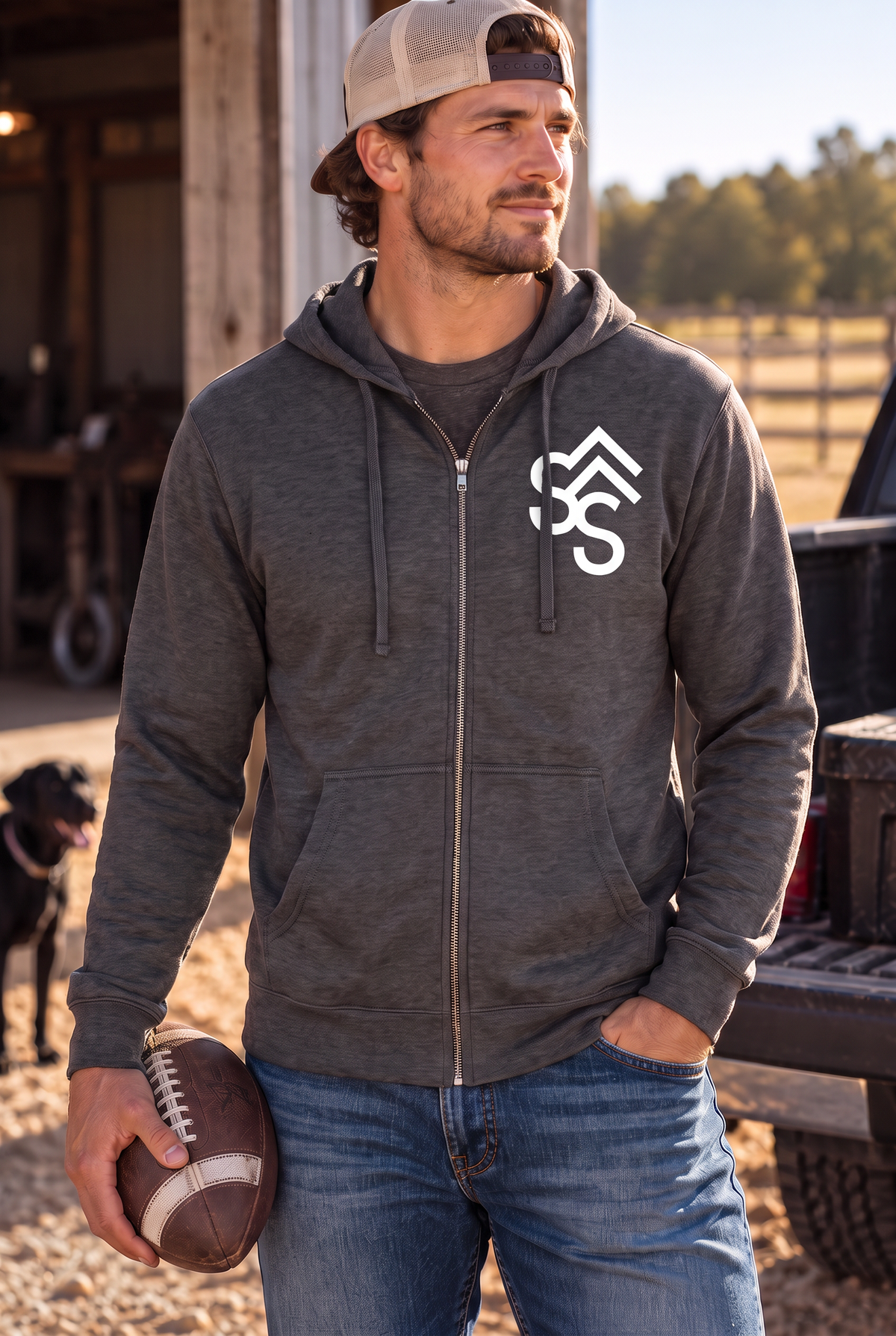 The Branded Zip in Heathered Charcoal — male model, front view
