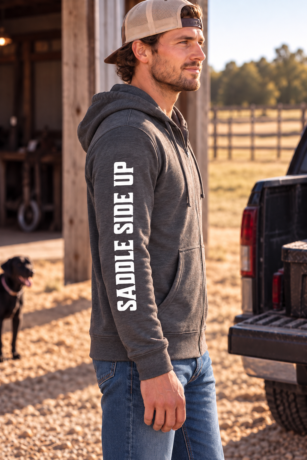 The Branded Zip in Heathered Charcoal — male model, side view