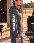 The Branded Zip in Heathered Charcoal — male model, side view