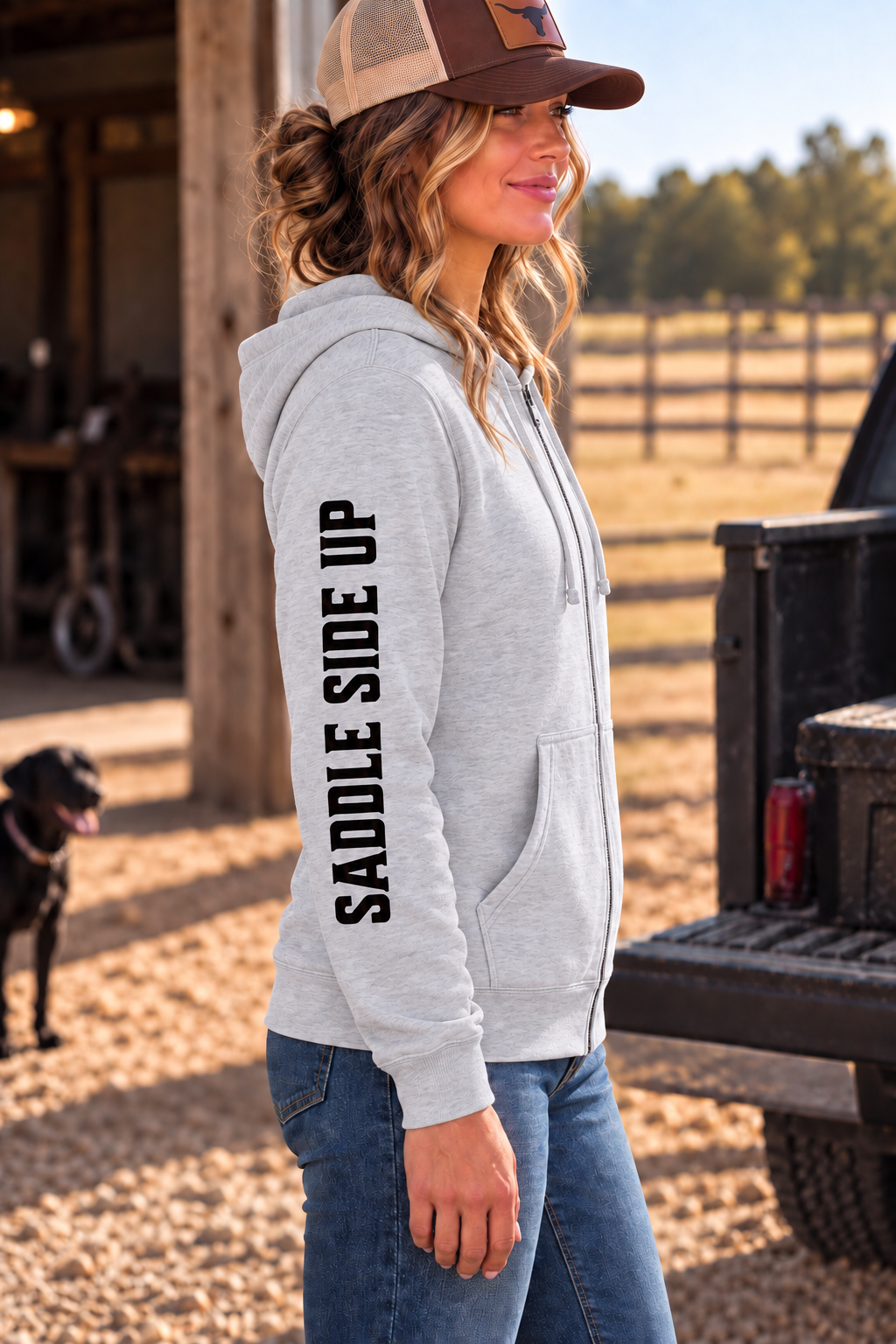 The Branded Zip in Light Heather Grey — female model, side view showing SADDLE SIDE UP sleeve print