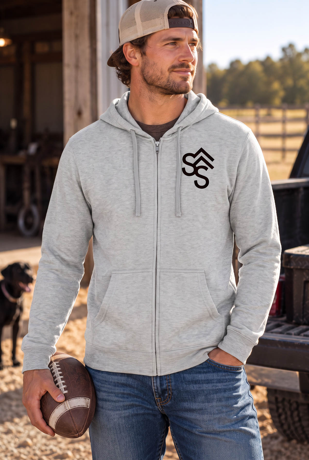 The Branded Zip in Light Heather Grey — male model, front view
