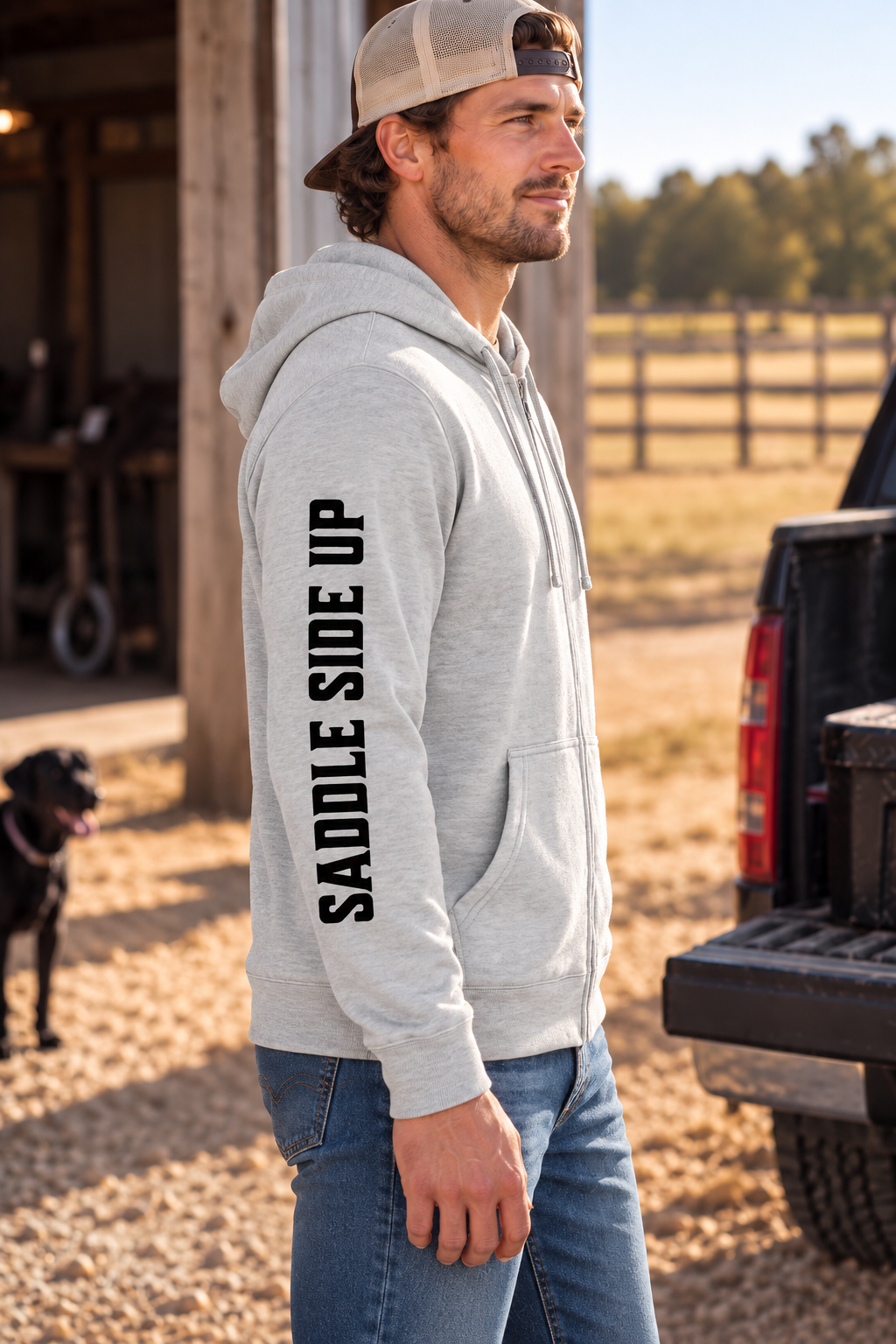 The Branded Zip in Light Heather Grey — male model, side view