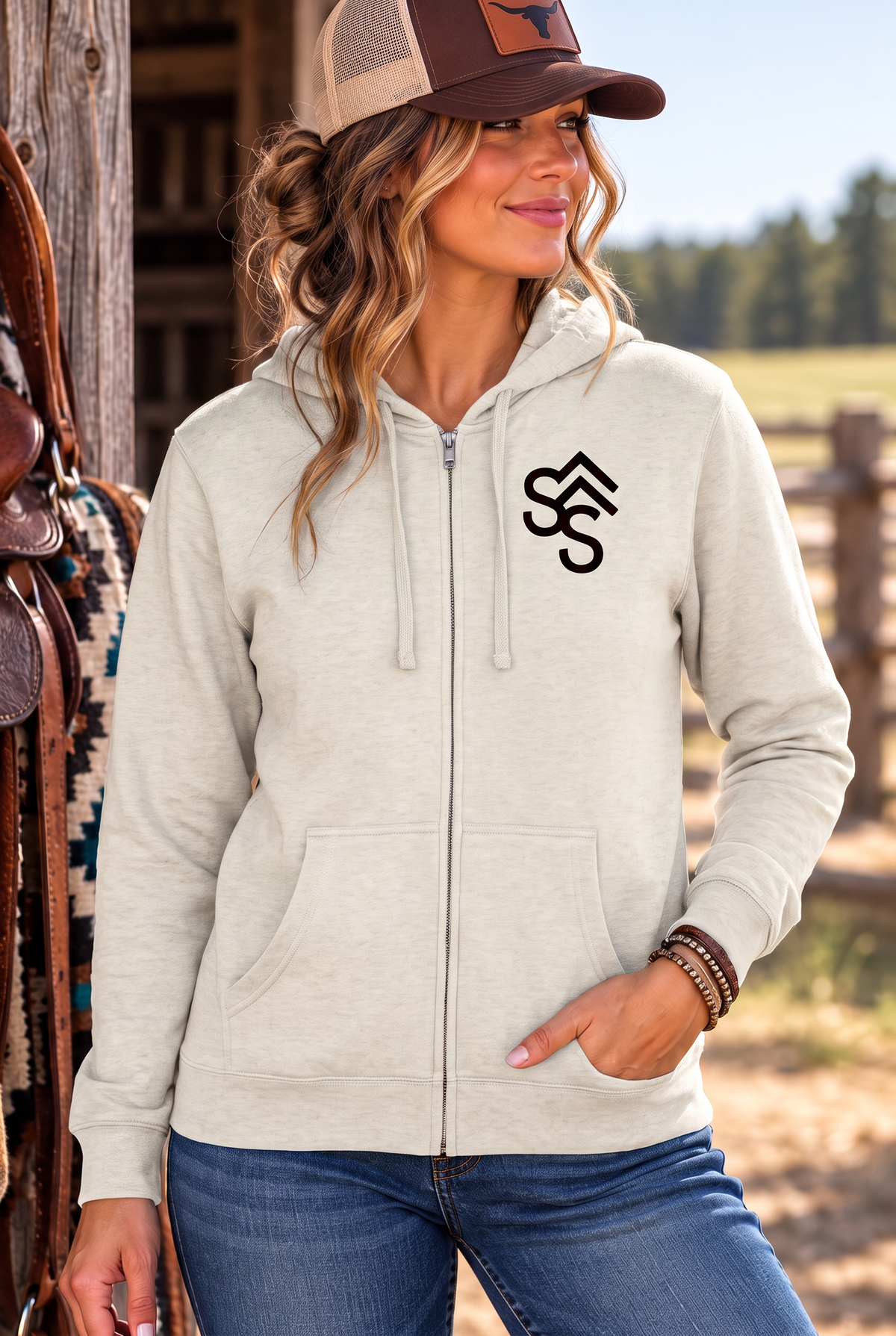 The Branded Zip in Oatmeal Heather — female model, front view