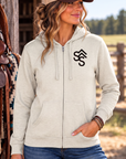 The Branded Zip in Oatmeal Heather — female model, front view
