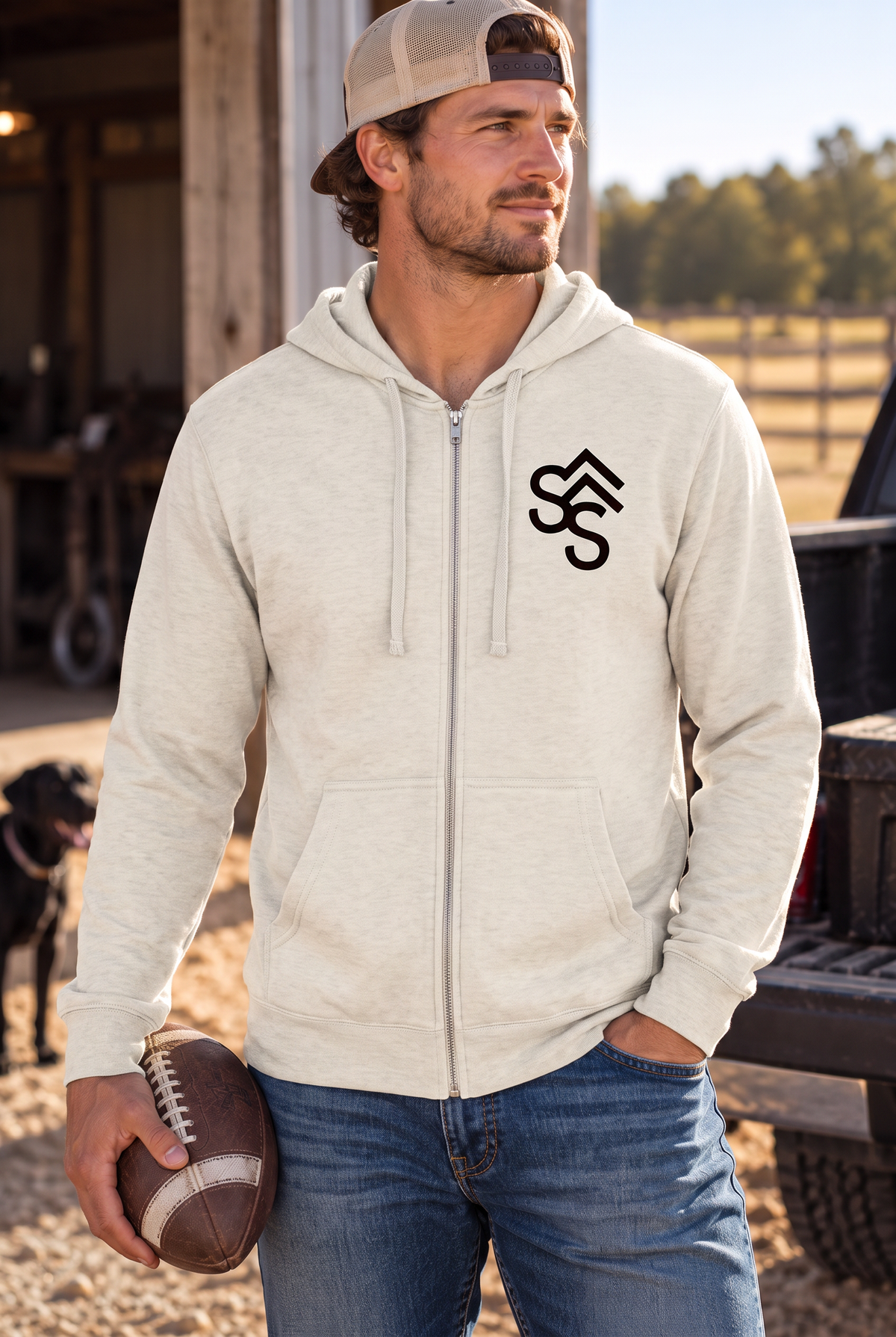 The Branded Zip in Oatmeal Heather — male model, front view