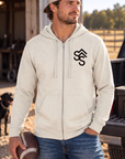 The Branded Zip in Oatmeal Heather — male model, front view