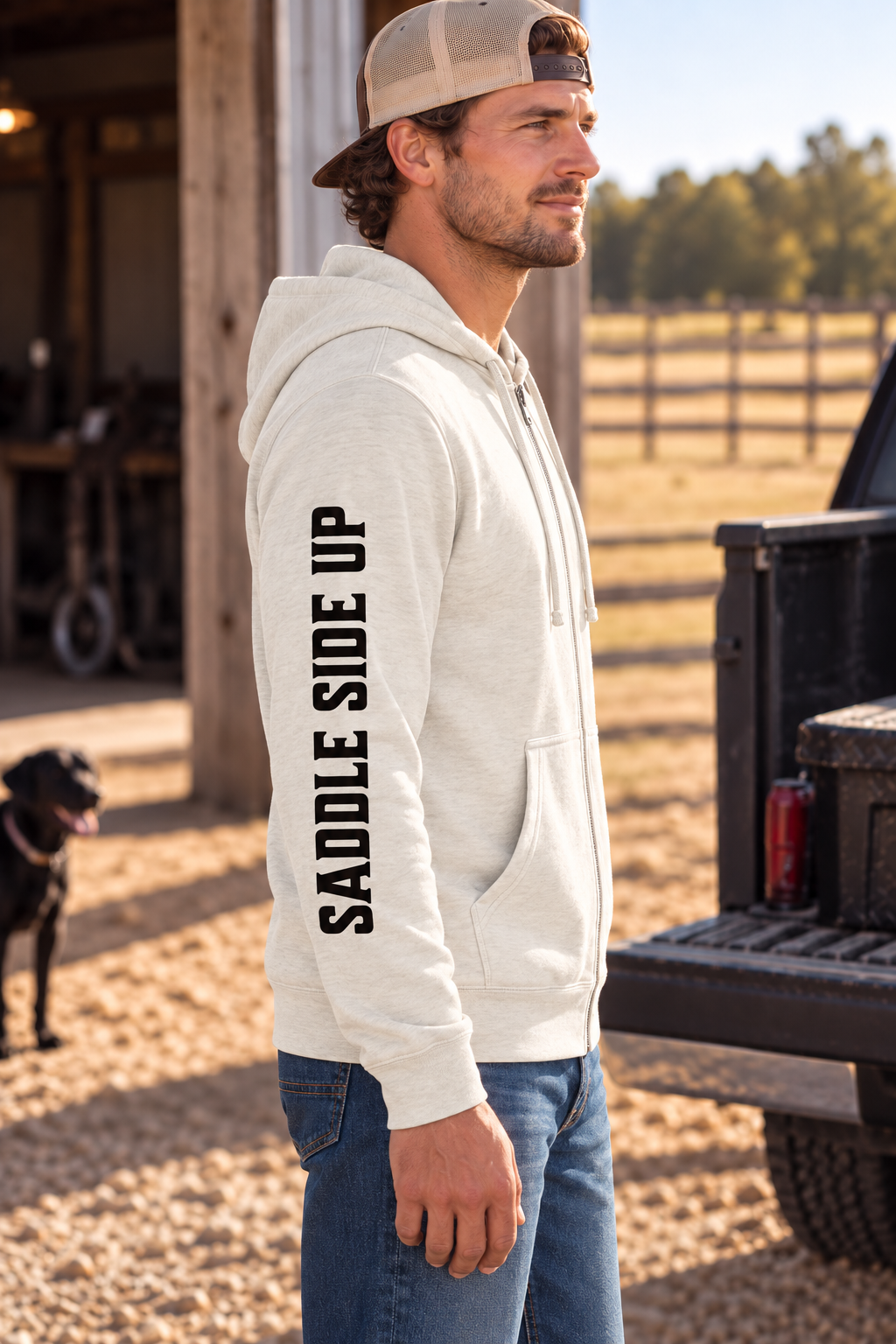 The Branded Zip in Oatmeal Heather — male model, side view