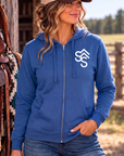 The Branded Zip in Royal Frost — female model, front view
