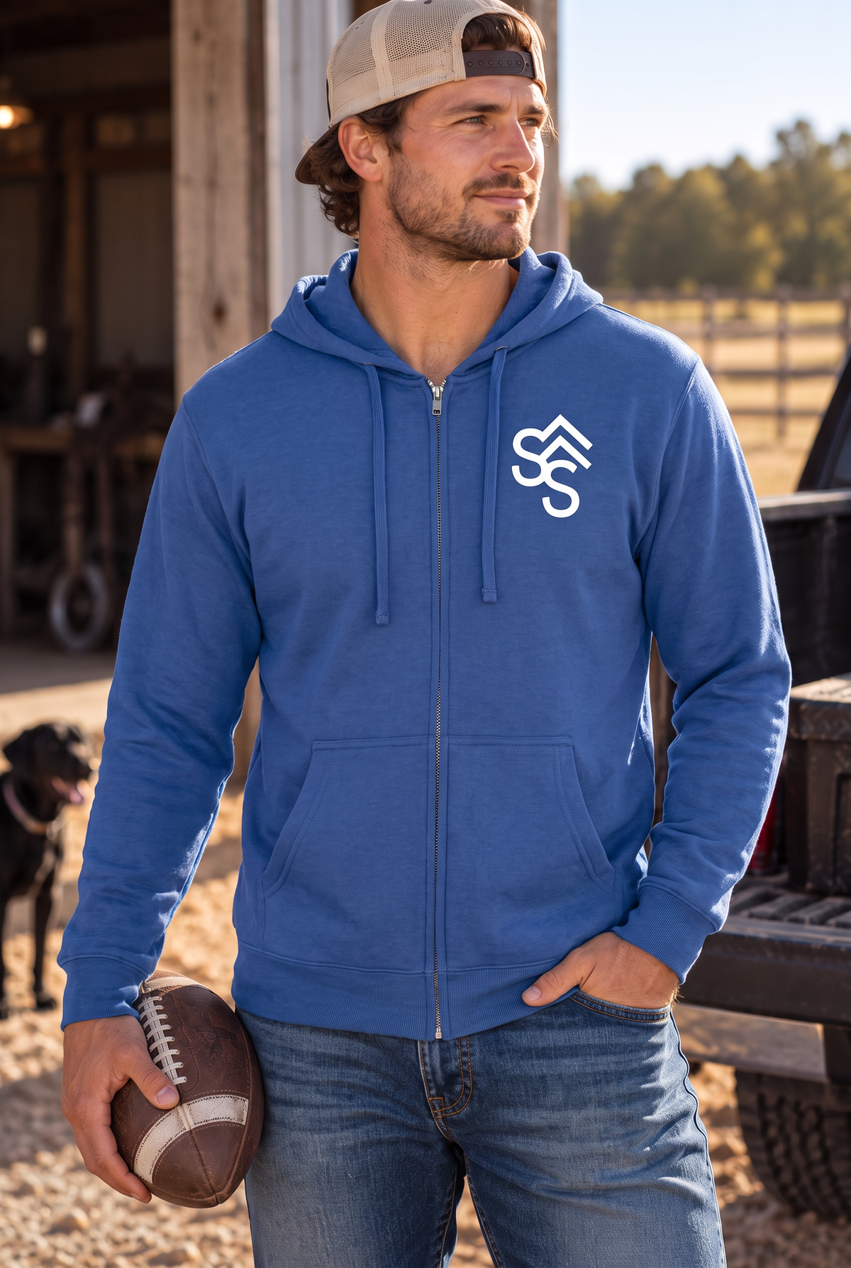 The Branded Zip in Royal Frost — male model, front view