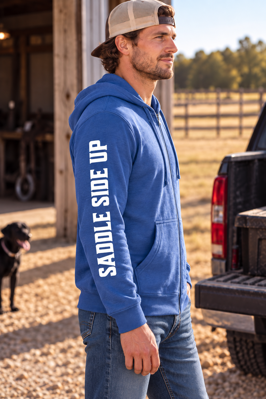 The Branded Zip in Royal Frost — male model, side view